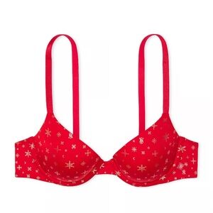 Victoria Secret Red Metallic Whimsical Star Pattern Underwire Push Up Bra Sz 38B